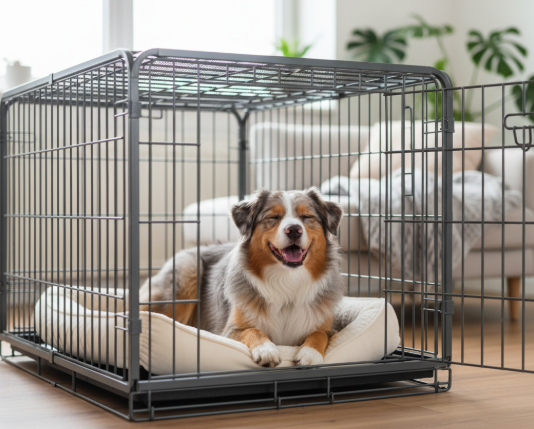 dog in spacious well-ventilated crate