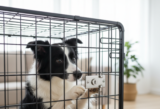 clever dog trying to open crate