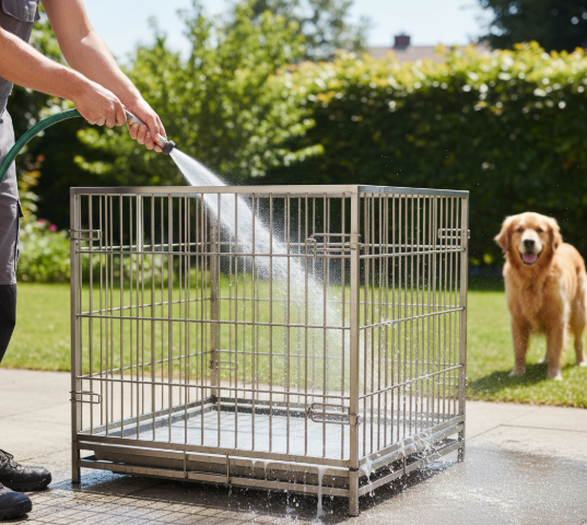 person cleaning dog crate
